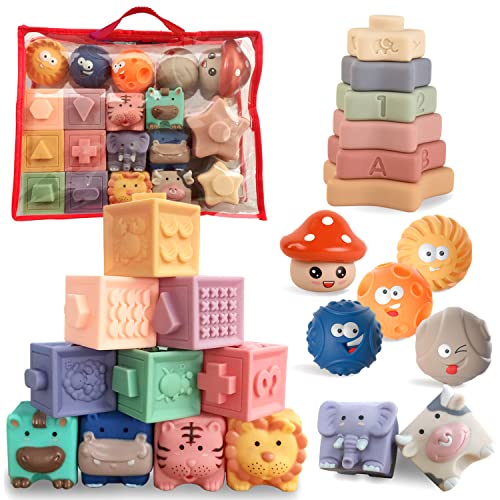 Image of Oueyes Montessori Toys for Babies 6-12 Months Baby Toys 4 in 1 Baby Blocks Soft Stacking Building Blocks Rings Balls Sets Baby Sensory Toys 6-12 Months Infants Teething Toys