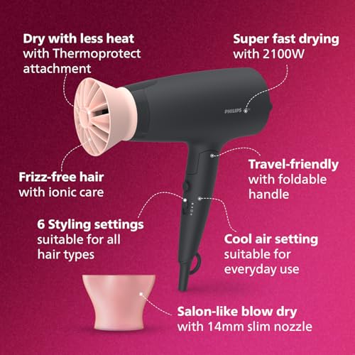 Philips India's No.1 Hair Styling Brand - Foldable Hair Dryer 2100W, 6 HeatxSpeed Settings Cool Shot Advanced Ionic Care Frizz-Free Shine, ThermoProtect Airflower Attachment, For Indian Hair, BHD356 view 2