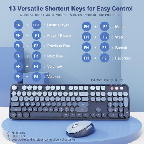 Nowlike Wireless Keyboard and Mouse Combo, Retro Typewriter Keyboard with Round Keycaps, Full-Size Ergonomic, Blue, Ideal for Windows PC, Home, Office, and College, Wireless Keyboard Mouse Combo - Image 4