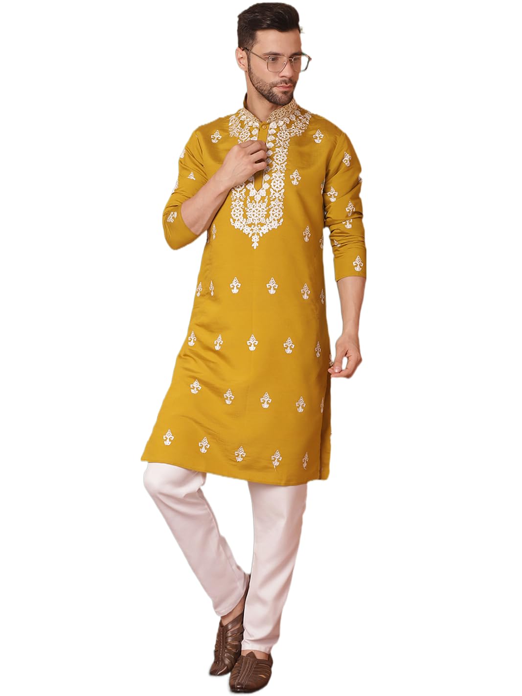 jompers Silk Blend Men's Chikankari Embroidered Kurta With Pant.-picture-20