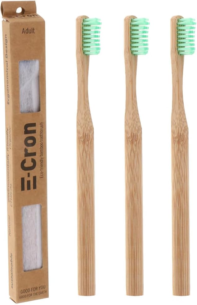 E-Cron 3 x Bamboo Toothbrush (Green) with Eco-Friendly, 100% Organic and Biodegradable Toothbrush Handle. Your Natural Dental Care with The Clean and Warm Touch of The Bamboo.