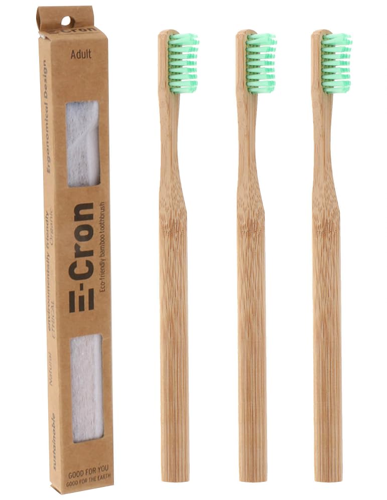 E-Cron 3 x Bamboo Toothbrush (Green) with Eco-Friendly, 100% Organic and Biodegradable Toothbrush Handle. Your Natural Dental Care with The Clean and Warm Touch of The Bamboo.