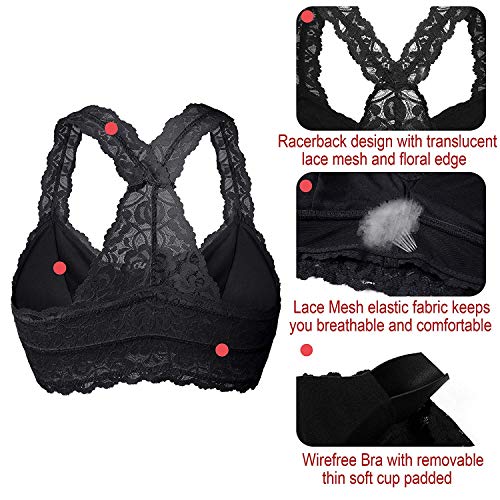 Yianna Women Black Floral Lace Bralette Padded Breathable Sexy Racerback Lace Bra Bustier Crop Top Wirefree, Ya8332-Black-M #TOP4