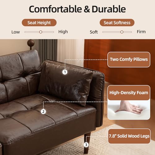 Image of HALLYBEE 85 inch Futon Sofa Bed, Sleeper Sofa, Small Couch with Storage Adjustable Armrests Pillows, Faux Leather Loveseat, Mid Century Modern Couches for Living Room, Bedroom, Apartment, Coffee Brown