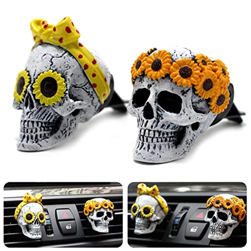 Sugar Skull Decor for Women, Sunflower Air Fresheners Car Accessories Interior Aesthetic Dashboard Decorations, Truck Stuff for Girls, Cute Car Charm Vent Clips, Car Decor for Horror Gifts
