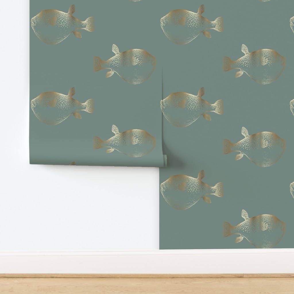 Peel & Stick Wallpaper Swatch - Gold Fish Blowfish Green Blue Pufferfish Custom Removable Wallpaper by Spoonflower