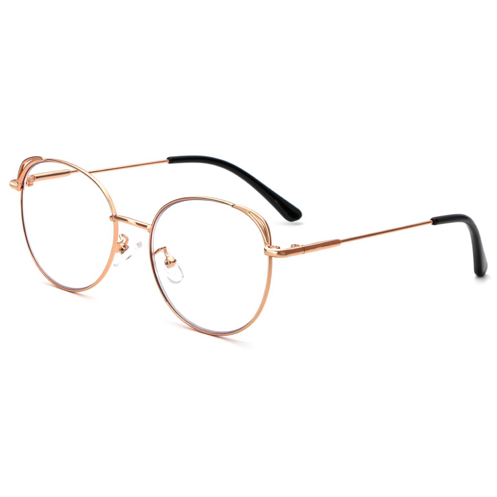 MMOWW Blaulichtfilter Lesebrille Damen Herren, Runde Metall Frame Retro Blockieren Blaulicht Computerbrille Mode Brille (Rose Gold, +3.0)