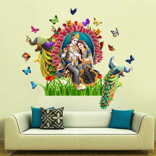Sticker Yard Radha Krishna Butterfly Peacock Wall Decor for Kids Room, Hall, Kitchen, Living Room, Bedroom - Vinyl Multicolor (Standard Size 84X76Cm)