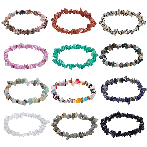 Rbenxia 12 Chakra Stones Natural Healing Crystals Gemstone Chakra Crystal Bracelets Colorful Gravel Chakra Bracelets Irregular Tumble Polished Healing Reiki Stretch Chip Bracelets (Style 2)