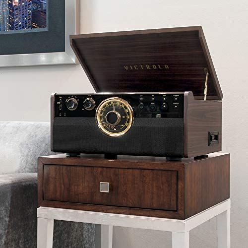 Image of Victrola Empire - Wood 6-in-1 Bluetooth Record Player - Espresso | Mid-century wood music center plays vinyl, CD, cassette, FM radio and aux, built-in stereo speakers, RCA out, headphone jack