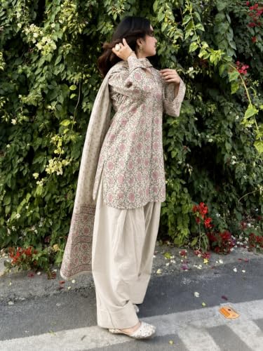 Image of ANNI Designer Farshi Salwar Suit for Women Cotton Printed | Kurta Dupatta Set for Woman | Straight Palazzo Outfit Round Neck V-Slit Long Sleeve Ethnic Dress Stylish Womens Clothing