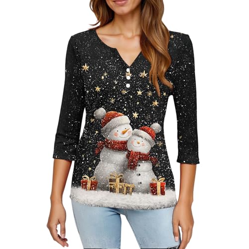 Image of Women Christmas Shirt 3 /4 Length Sleeve Henley Tops Xmas Outfits