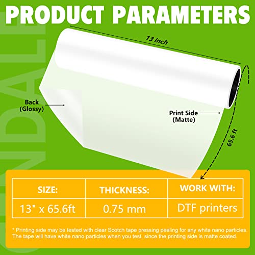 Cendale Dtf Transfer Film Roll 13" X 65.6Ft - Premium A3+ Dtf Film Roll, Double Sided Matte Clear Pretreat Pet Heat Transfer Paper, Hot & Cold Peel Dtf Paper Roll, Direct To Film For T-Shirts Textile #TOP1