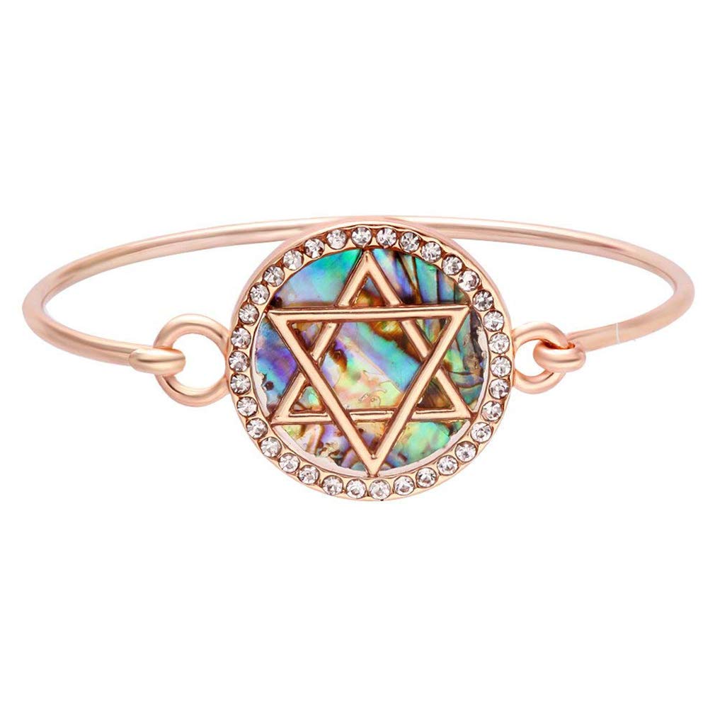 Jewish Charm Star of David Abalone Shell Wire Openable Crystal Bangle Bracelet