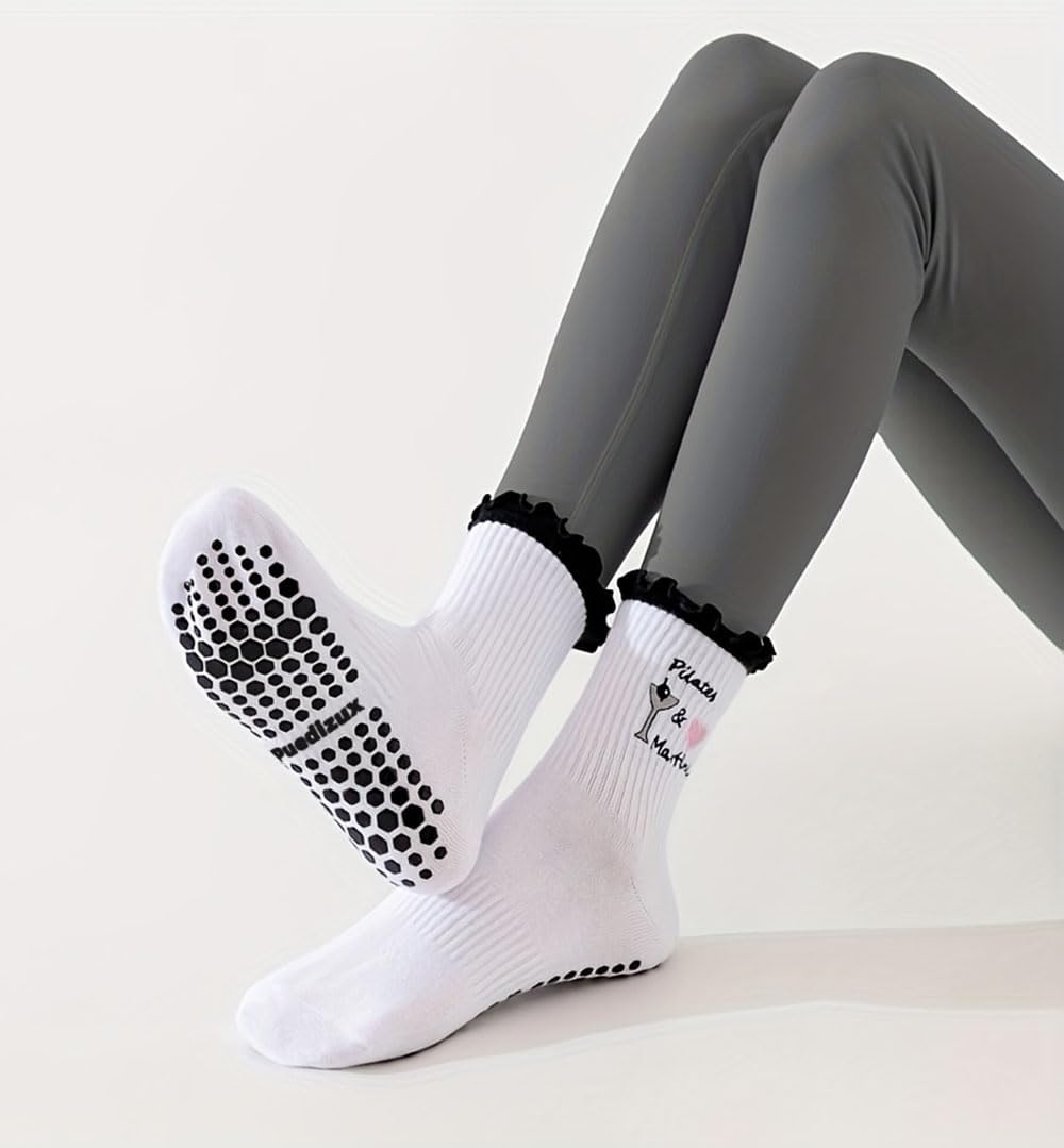 Women Cute Pilates Socks Grip Crew Yoga Socks Ruffle Cuff Embroidery Pattern Workout Ballet Socks - Image 4