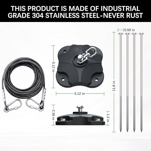 Dog Tie Out Cable and Stake for Camping,360°Swivel Dog Run- No Tangle,with 20FT Heavy Duty Cable,Rust Proof Runner Can Hold Up to 150 LBS Dogs for Park,Camping, Suitable for Any Tie Out Cable