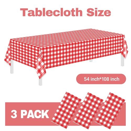 Image of Childom 3 Pack Red and White Checkered Tablecloth 54 inchx108 inch Mothers Day Tablecloths for Rectangle,Disposable Plastic Table Cover for Wedding Home Birthday Picnic Buffet Pizza Party Racing Car Decor