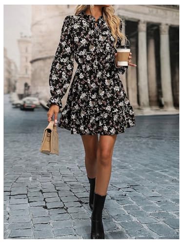 Image of Floerns Women's Leopard Print Tie Neck Party Dress Layered Long Sleeve A Line Dresses