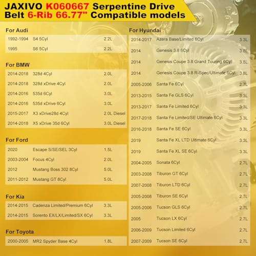 Image of K060667 Serpentine Belt V-Ribbed Drive Belt for 14-18 328d xDrive 2.0L,14-18 X5 xDrive 35d 3.0L,11-12 Mustang GT 5.0L,13-18 Santa Fe 3.3L,03-08 Tiburon 2.7L Replace 6PK1696