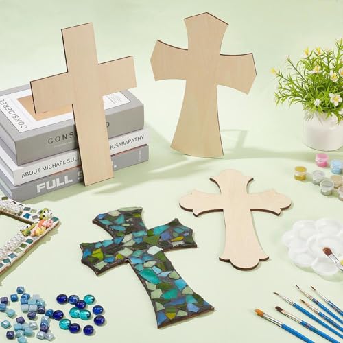 FINGERINSPIRE 4 Pcs 4 Styles Wooden Mosaic Base 9.8x6.6x0.2 inch Cross Shapes Mosaic Substrates for Sunday School Window Art Classroom Decorations Crafts Creative Art Projects