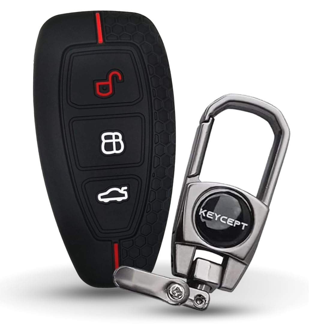 Keycept™ Silicone Key Cover Compatible for Ford Ecosport Smart Key with Keychain. (Black, Type 2)