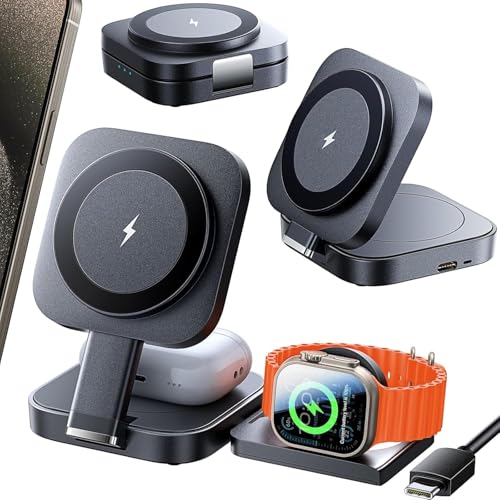 LISEN 3 in 1 Ladestation für Apple Watch Und iPhone Mehrere Geräte Magsafe Ladestation,Reisen Wireless Charger für iPhone Magsafe Stand Bequem iPhone Apple Ladestation Fit Apple Watch Airpods, 2E414