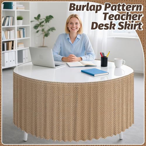 Image of 9FT Ruffle Burlap Pattern Table Skirt Teacher Desk Skirt for Classroom Decor Rectangle Table Cloth Desk Cover for Back to School Decorations Farm Birthday Party Supplies Office Bookcase Cabinet