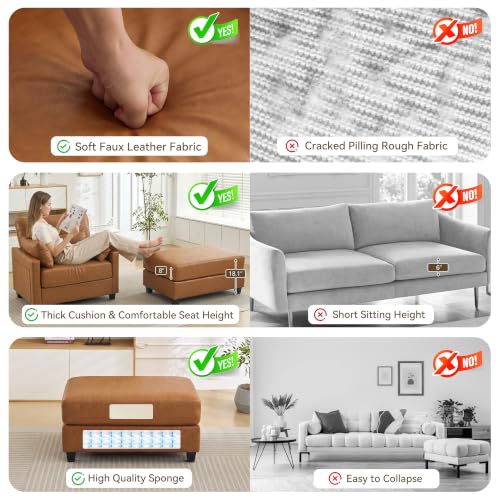 Image of 58 inch Oversized Faux Leather Chaise Lounge Chair Indoor, Mid Century Modern Accent Chair with Ottoman, Deep Seat Comfy Reading Chair with Side Pocket, Single Sofa Armchair for Living Room Bedroom,Brown