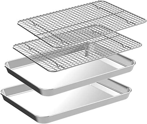 Quarter Sheet Pan with Cooling Rack Set [2 Baking Sheets + 2 Baking Racks], CEKEE Stainless Steel Cookie Sheets for Baking and Wire Rack - Rust & Warp Resistant & Nonstick, Size 12 x 9.8 x 1 Inch