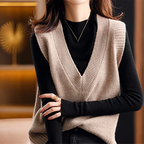 Cashmere V-Neck Pullover Vest Solid Color Knitted Sleeveless Pullover Sweater Loose Jumper,Khaki9-L4