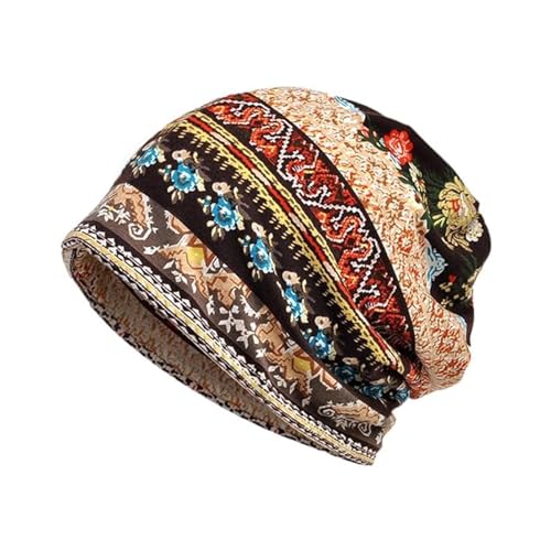 CLiNes EIMINB Floral Print Striped Casual Beanie,Slouch Beanie Hat, Baggy Beanie Hat Suitable for Daily Casual wear, Pajamas, Outdoor Activities Brown