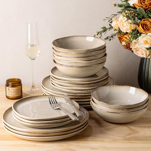 Image of GBHOME Stoneware Dinnerware Sets for 8, 24 Pieces Rustic Ceramic Plates and Bowls Set, Handmade Reactive Glaze Plate Sets, Highly Chip Resistant Dishes, Microwave & Dishwasher Safe, Oatmeal Linen