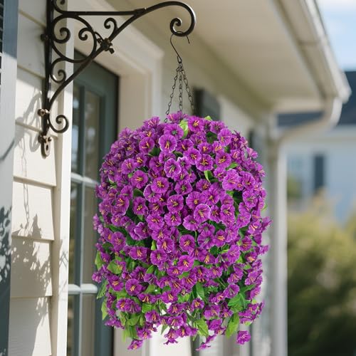 Image of Ammyoo Artificial Faux Hanging Flowers Basket for Spring Outdoor Decor | Fake Silk Colorful Morning Glory Eucalyptus in Planter UV Resistant Look Real for Summer Home Balcony Porch Yard(Darkorchid)