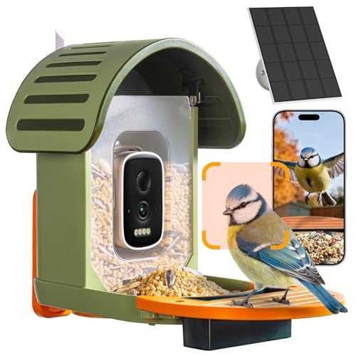 Smart Bird Feeder with Camera, 2.5K UHD Bird Feeder Camera Solar Powerd, Sensitive AI Identification, Instant Alerts Capture Video, IP66 Waterproof for Outdoor, Green
