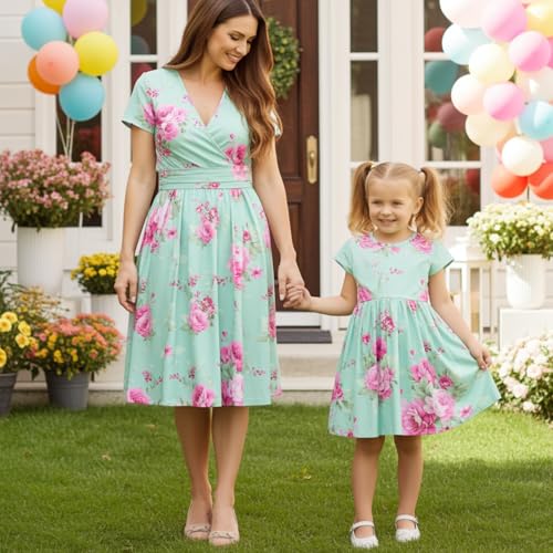 Image of Mommy and Me Floral Dresses Mother Daughter Matching Short Sleeve Tshirt Midi Dress Crew Neck Outfits with Pockets
