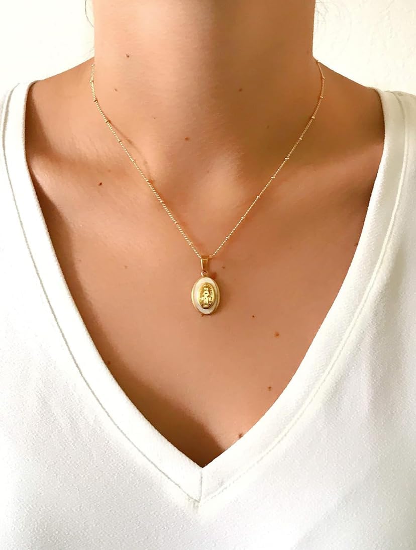 Miraculous Virgin Mother of Pearl Pendant Gift for Women 18K Plated Necklace Jesus Pray for Us