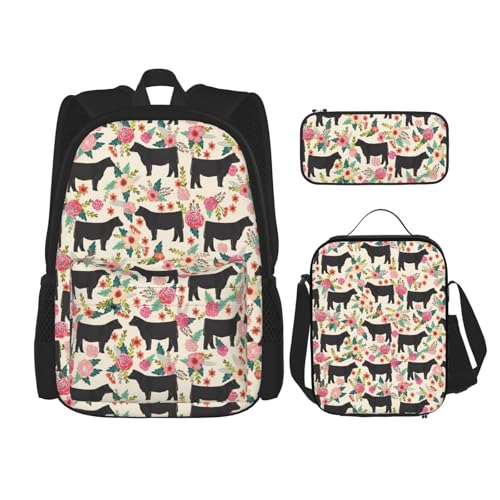 LONGZEHAO 3Pcs Versatile Adjustable Large Capacity Pink Flower Show Steer Cows Cattle Print Backpack Lunch Box and Pencil Case