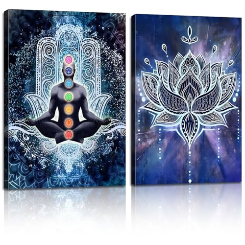 2 Pcs Framed Spiritual Canvas Wall Art Mural Chakra Meditation Poster Lotus Mandala Printed Zen Yoga Artwork Used Mindfulness Therapy Posters Bohemian Picture Home Decoration Gallery Wrapping 12X16Inch