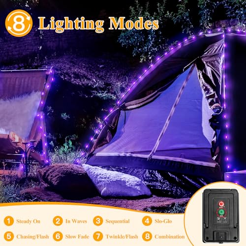 Image of Ollny Purple Solar String Lights, 2 Pack Total 80FT 240LED Waterproof Solar Halloween Lights, 8 Modes Fairy Lights for Outside House Yard Garden Holiday Party