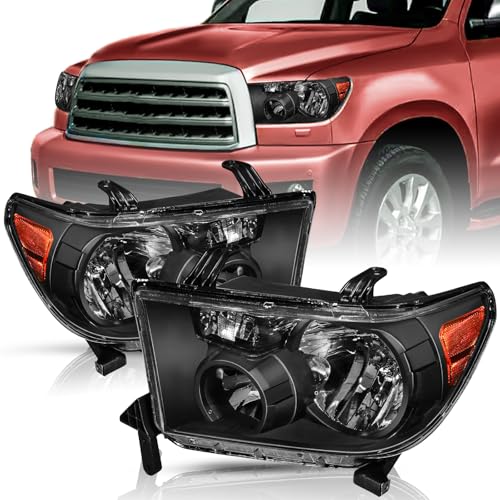 TUSDAR Headlight Assembly Replacement for 2007 2008 2009 2010 2011 2012 2013 Tundra / 2008-2017 Sequoia Driver and Passenger Side Black with Amber Reflector