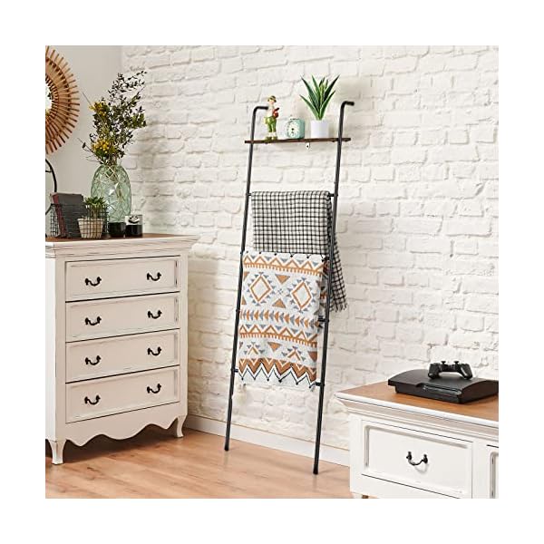 Blanket Ladder Farmhouse Decorative Ladder Holder with Storage Shelf, Wall Leaning Towel Racks for Bathroom, Living Room, Bedroom, Laundry Room, Black