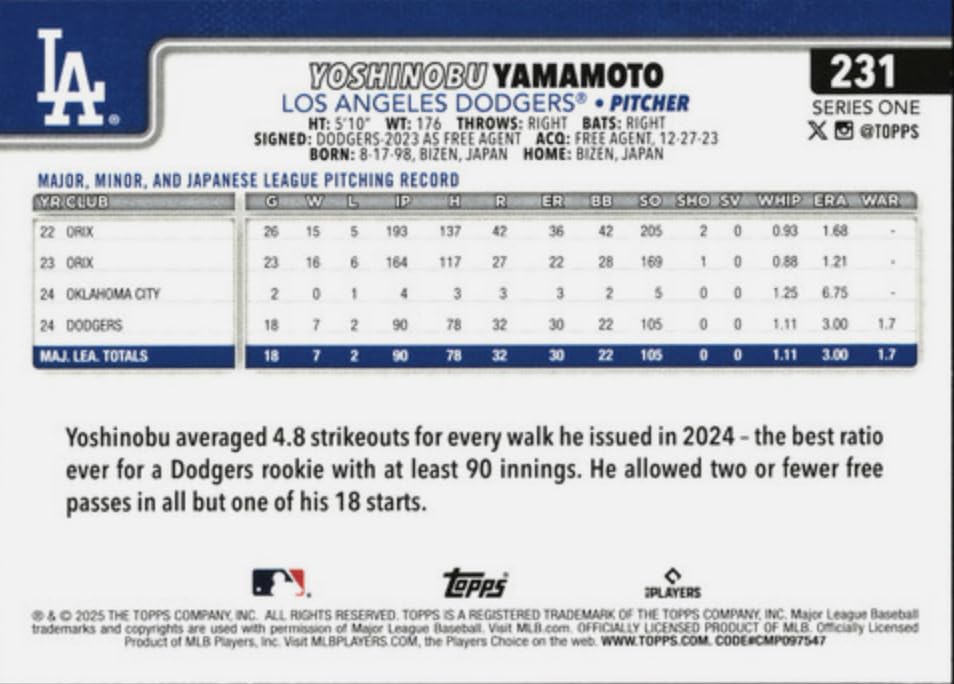 Amazon.com: 2025 Topps Series 1 Yoshinobu Yamamoto #231