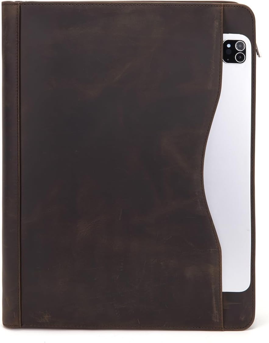 Genuine Leather Portfolio with Front Pocket, 8.5 x 11 Legal Pad Padfolio, Executive Zippered Notebook Organizer, 13” Laptop Sleeve, Business Work Folio for Men and Women, Dark Khaki