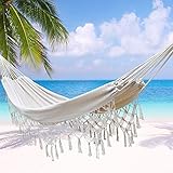 ZLX Macrame Boho Brazilian Hammock with Fringe Indoor Outdoor Handmade Cream Cotton Hammocks with Tie Rope and Carry Bag for Bedroom Patio Backyard Balcony Garden Camping White-1