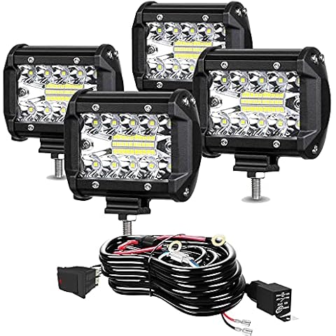TURBO SII LED Pod Lights 4 Inch 60W Triple Row Spot Flood Combo Beam Offroad Driving Lights Fog Lights LED Cubes Lights W/Wiring Harness for Trucks ATV UTV SUV Boats, 4Pack Cover