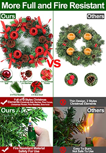 [Safety Fire Retardant] Christmas Red Advent Wreath Decor 4 Advent Candle Holder With 4 Pinecorn 4 Ribbon 2 Poinsettia 4 Ball 4 Berry Christmas Centerpiece Table Decorations Home Indoor(No Candles) #TOP3