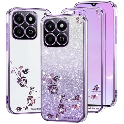 Coque Honor X5b Plus silicone transparente antichoc motif fleurs violettes pailletées