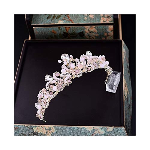 AdorabFruit Handmade Pink Bridal Crown Vintage Wedding Hair Accessories Tiaras Crystal Gold Pearl Prom Tiara Headdress (Metal color : Pink)