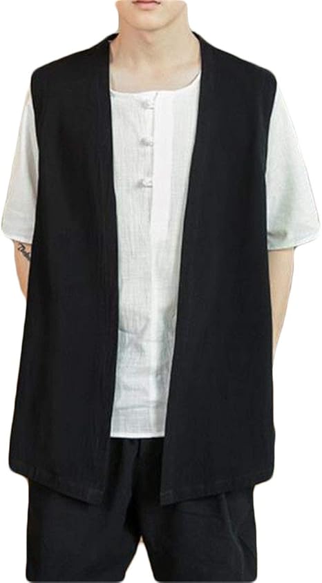 Amazon ショッフェ メンズ スタイリッシュ ロング カーディガン ベスト ジレ ノースリーブ 綿 麻 ベスト ゆったり リネン サマーベスト 和式パーカー コート 無地 ブラック4xl ベスト 通販