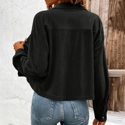 GOSEAGOTOFUN Corduroy Jacket Women Fashion Casual Cropped Jacket Button Down Long Sleeve Coats Lightweight Fall Outerwear 01-Black Small - image 3